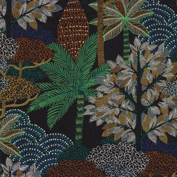 Voyage Imaginaire Fabric - Noir / Émeraude by black-grey botanical embroideried fabric from Casamance
