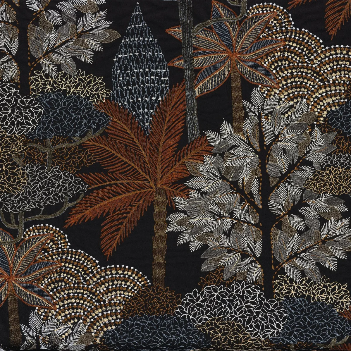 Voyage Imaginaire Fabric - Noir / Tabac by black-grey botanical embroideried fabric from Casamance