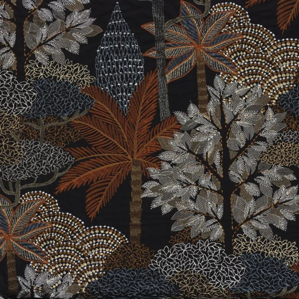 Voyage Imaginaire Fabric - Noir / Tabac by black-grey botanical embroideried fabric from Casamance