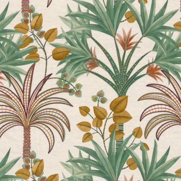 Bagarade Fabric - Moutarde / Céladon by green botanical embroideried fabric from Casamance