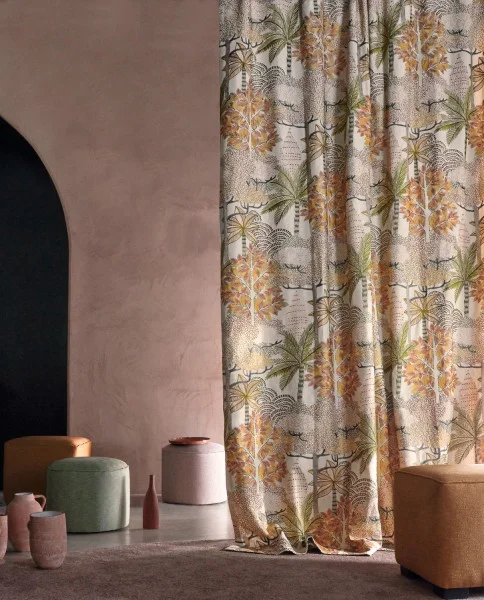 Voyage Imaginaire Fabric - Tangerine / Fushia by yellow botanical curtain with pouf and vases