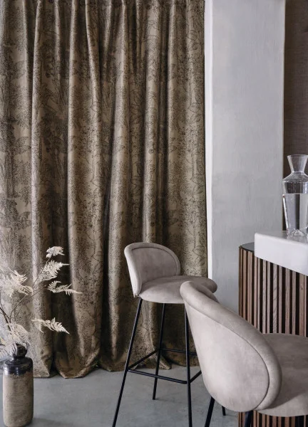Ramage Fabric - Nacre by black-grey botanical curtain with armchair and vases