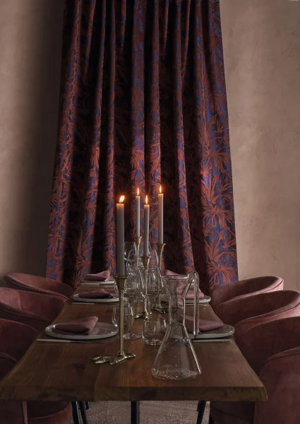 Maravilla Fabric - Nude by neutral botanical curtain with dining table and armchair