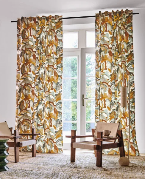 Tonka Fabric - Olive Moutarde by brown contemporary curtain with armchair and vases