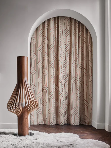 Inka Fabric - Flax / Celadon by white geometric curtain with rug and vases