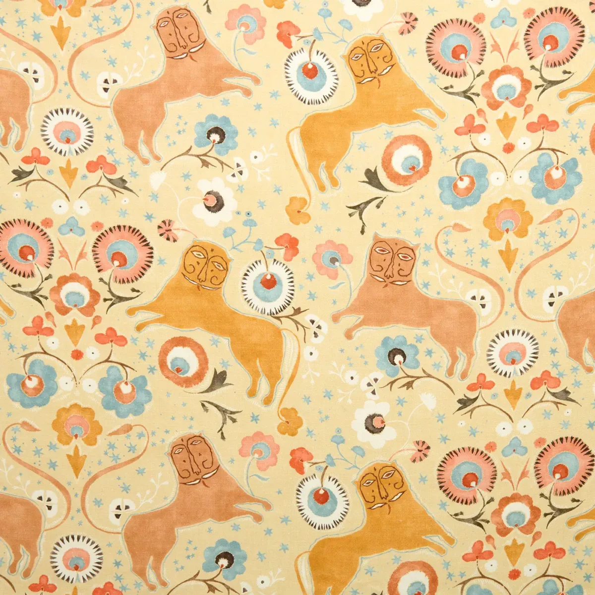 yellow animal linen fabric from Linwood Fabrics