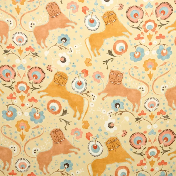 Chickpea Fabric - Pipili by yellow animal linen fabric from Linwood Fabrics