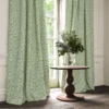 blue checked curtain with cushion and vases