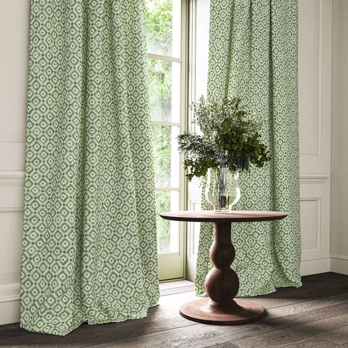 Ima Fabric - Marine by blue checked curtain with cushion and vases