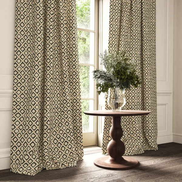 Ima Fabric - Liquorice by black-grey checked curtain with cushion and vases