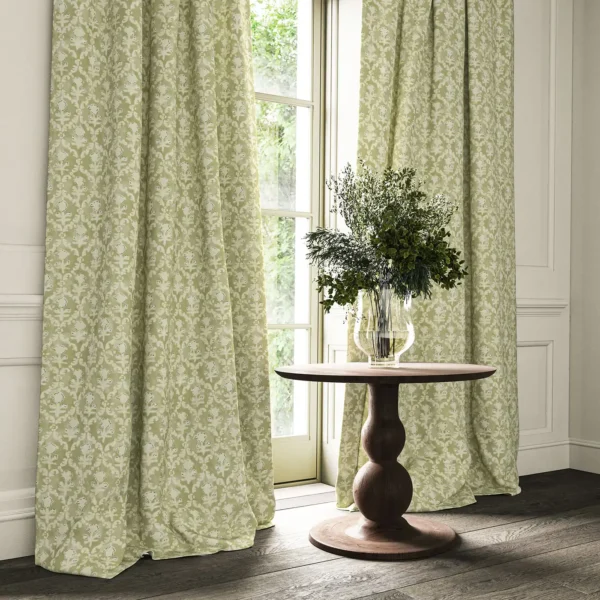 Hinako Fabric - Cardamom by green traditional curtain with cushion and vases