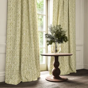 yellow traditional curtain with cushion and vases