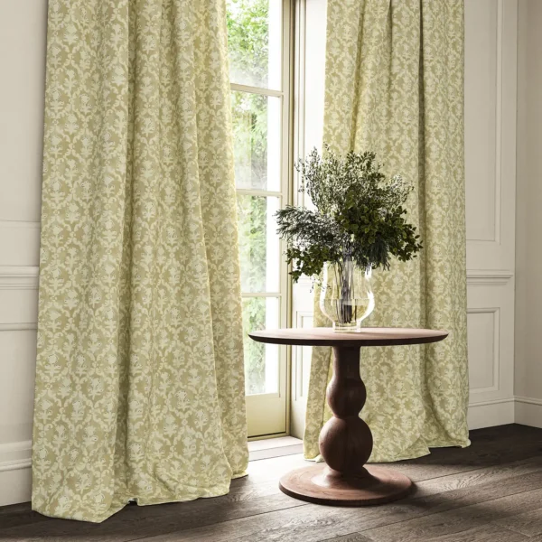 Hinako Fabric - Barley by yellow traditional curtain with cushion and vases