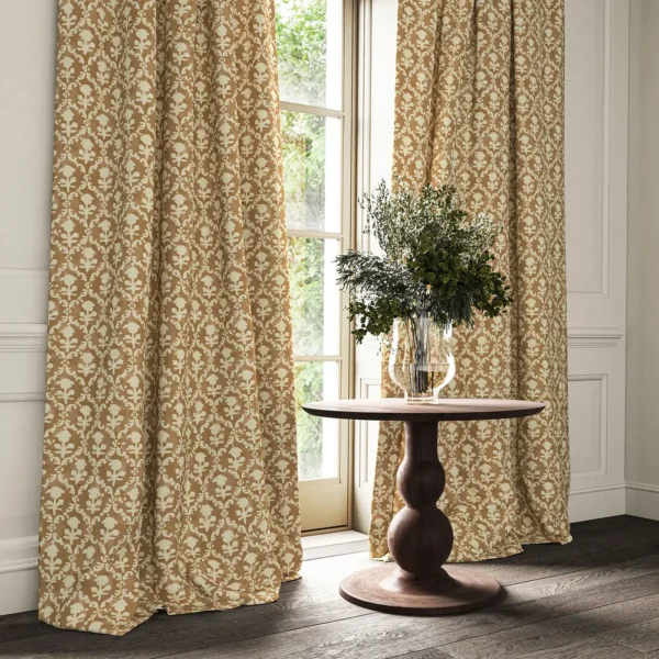 Hinako Fabric - Fudge by brown traditional curtain with cushion and vases