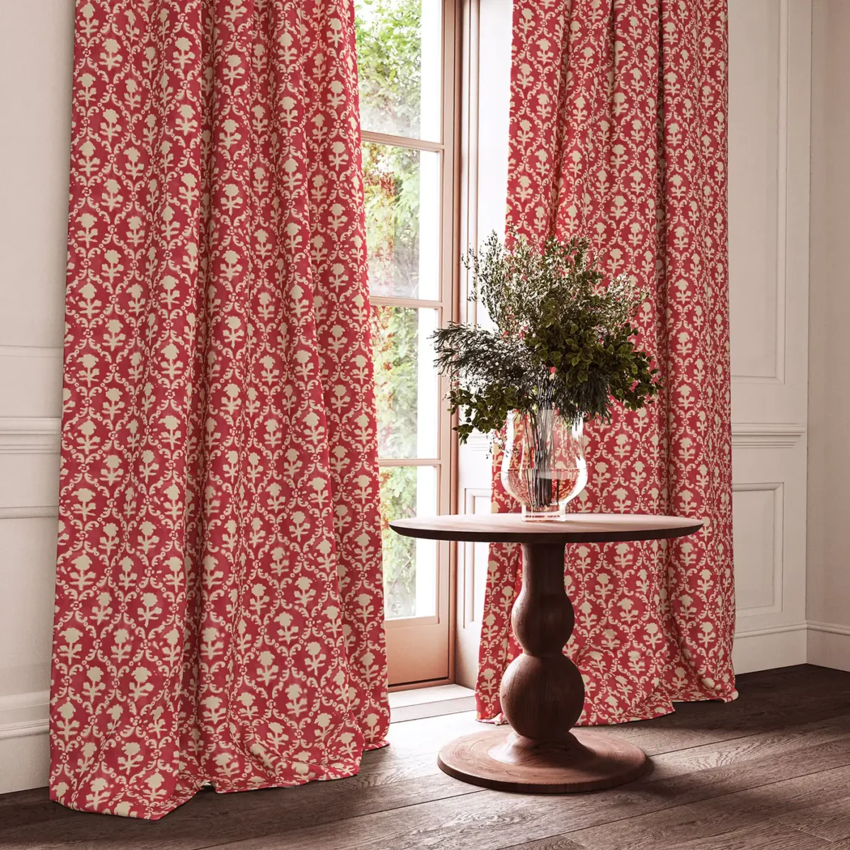 Hinako Fabric - Dragon Fruit by red traditional curtain with cushion and vases