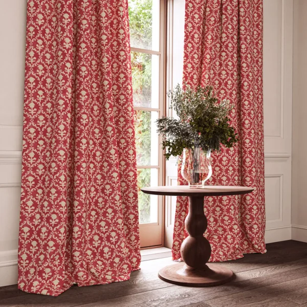 Hinako Fabric - Dragon Fruit by red traditional curtain with cushion and vases