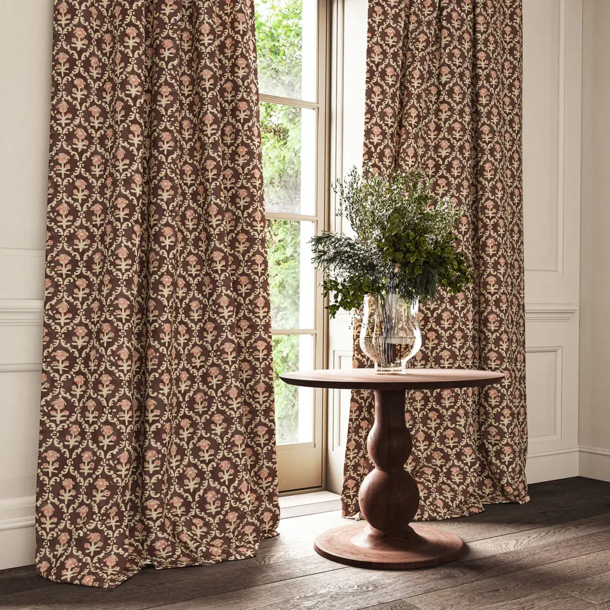 Hinako Fabric - Prune by brown traditional curtain with cushion and vases