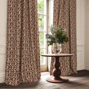 brown traditional curtain with cushion and vases
