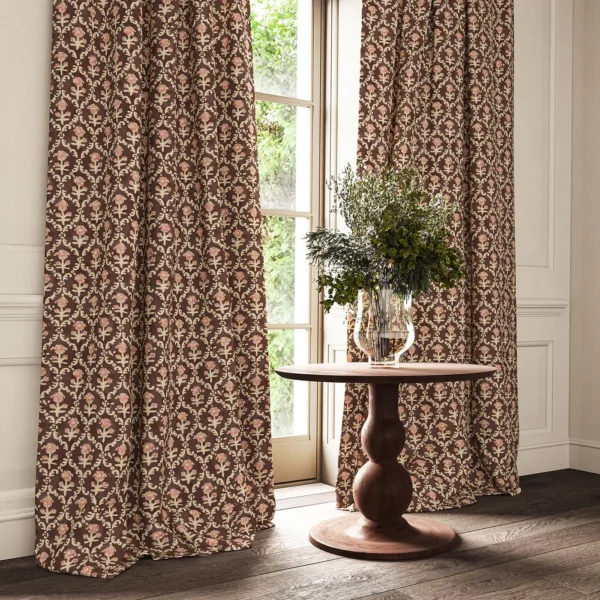 Hinako Fabric - Prune by brown traditional curtain with cushion and vases