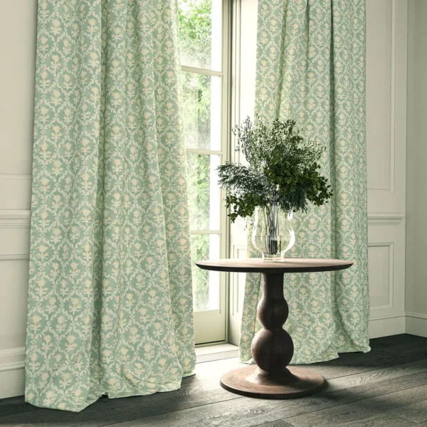 Hinako Fabric - Air by blue traditional curtain with cushion and vases