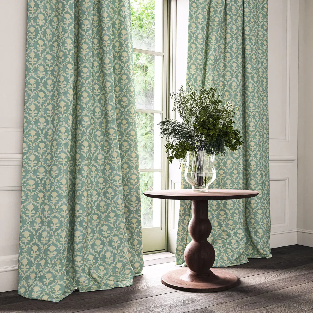 Hinako Fabric - Pool by blue traditional curtain with cushion and vases