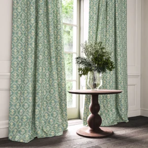 blue traditional curtain with cushion and vases