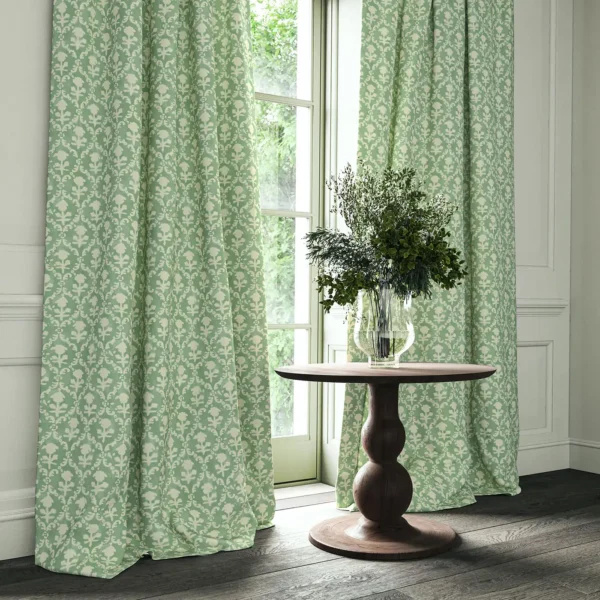 Hinako Fabric - Jade by blue traditional curtain with cushion and vases