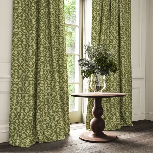 Hinako Fabric - Olive by green traditional curtain with cushion and vases