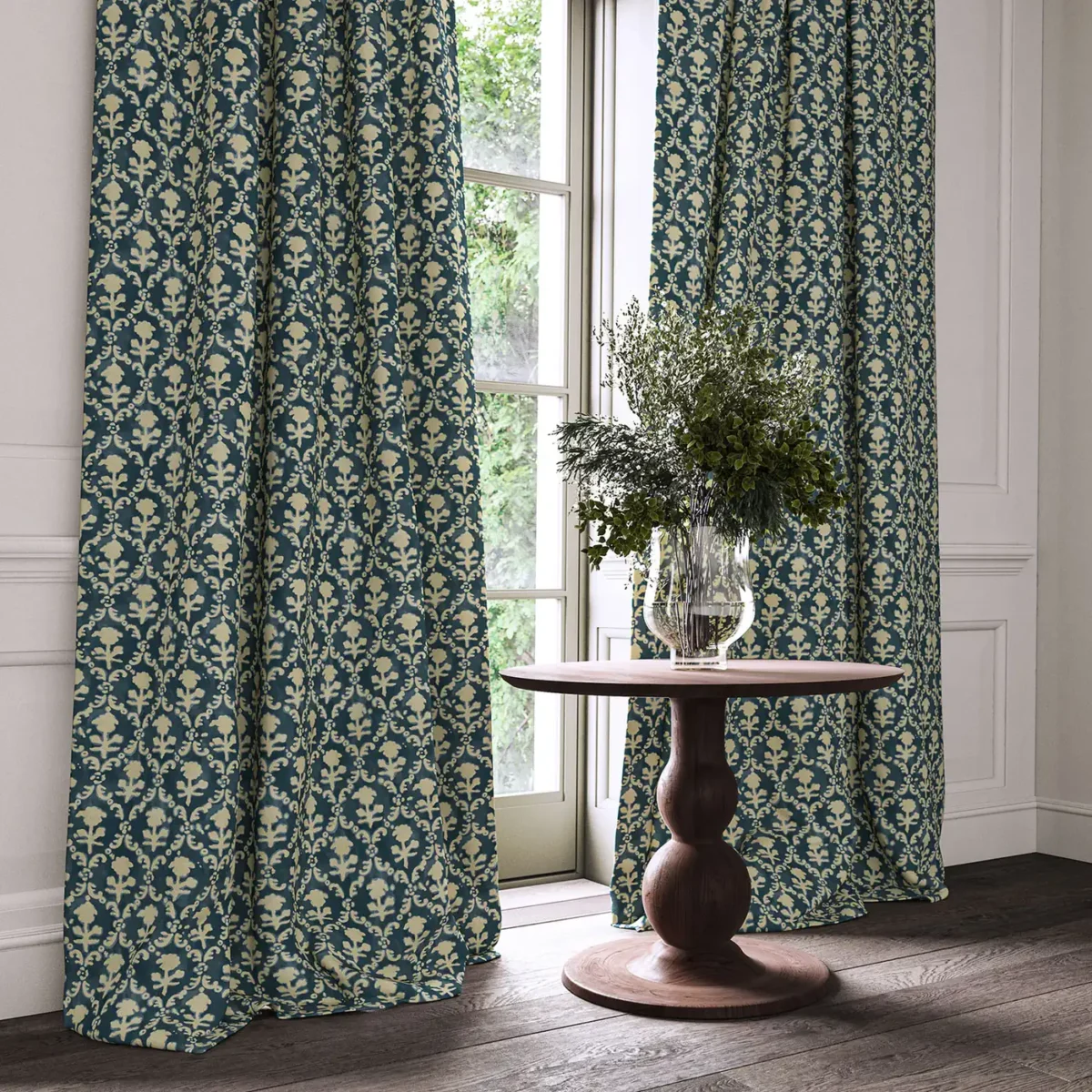 blue traditional curtain with cushion and vases