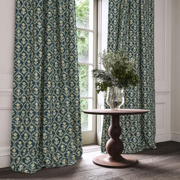 Hinako Fabric - Indigo by blue traditional curtain with cushion and vases