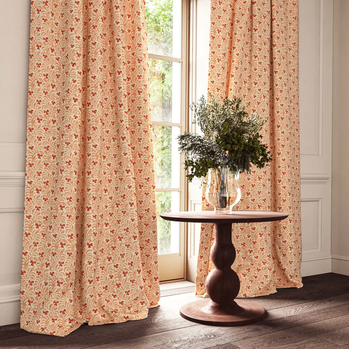 Yala Fabric - Coral by red botanical curtain with cushion and vases