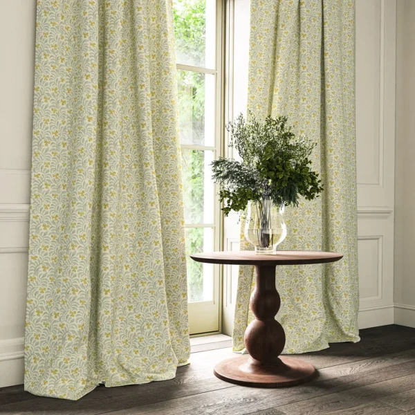 Yala Fabric - Rockery by yellow botanical curtain with cushion and vases