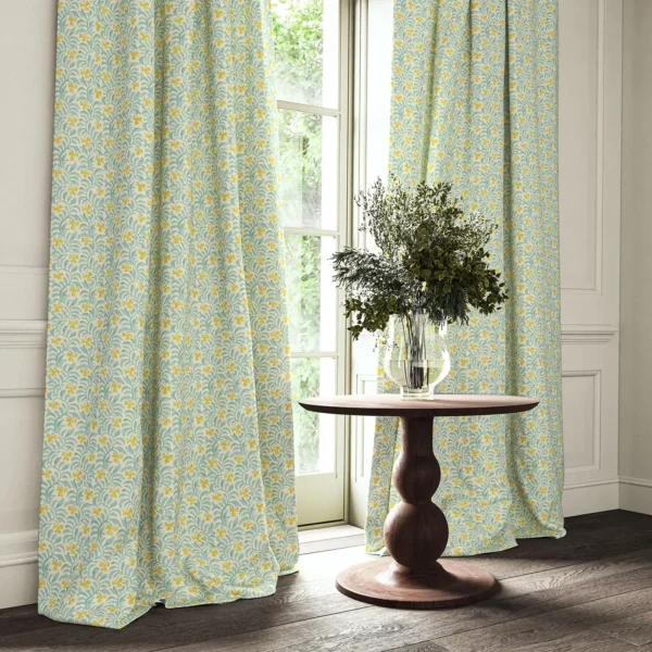 Yala Fabric - Lemon by yellow botanical curtain with cushion and vases