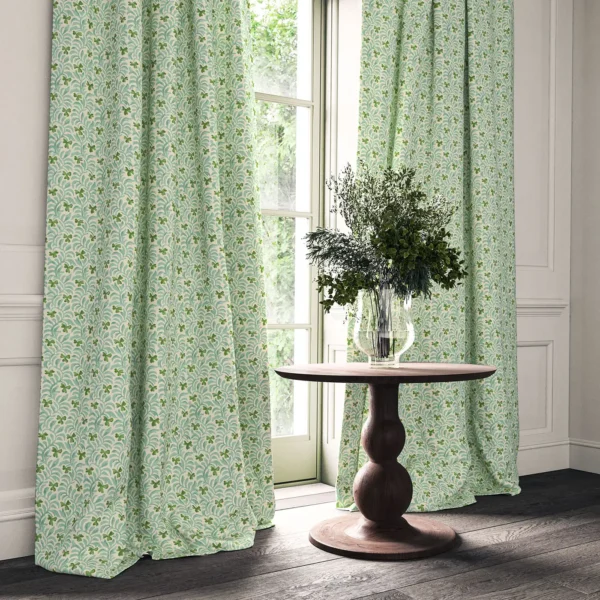 Yala Fabric - Valley by green botanical curtain with cushion and vases