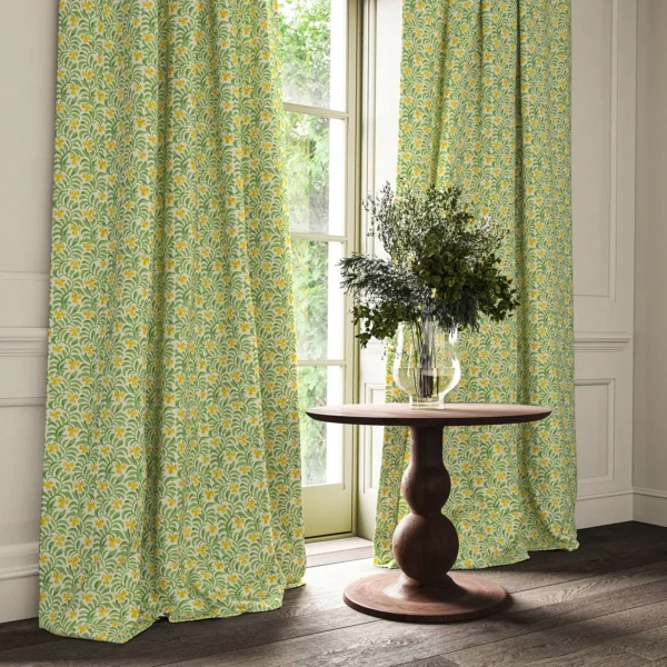 Yala Fabric - Meadow by yellow botanical curtain with cushion and vases