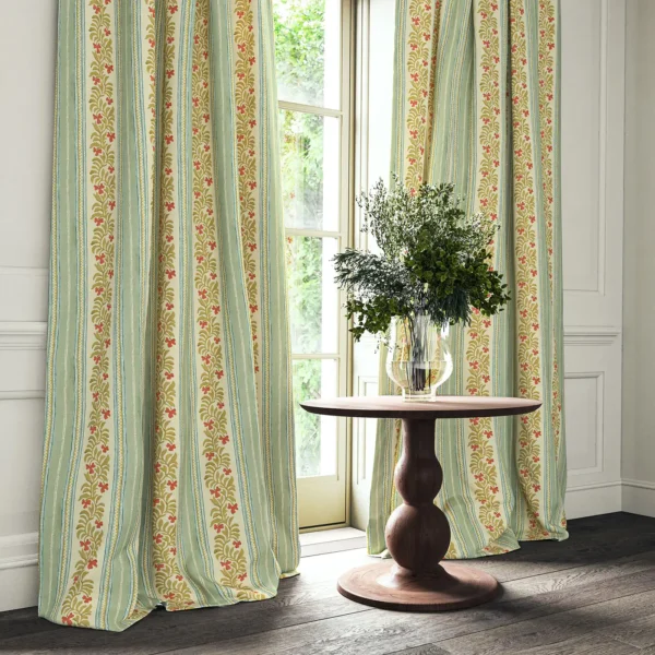 Yala Stripe Fabric - Cardinal by blue striped curtain with cabinets and vases