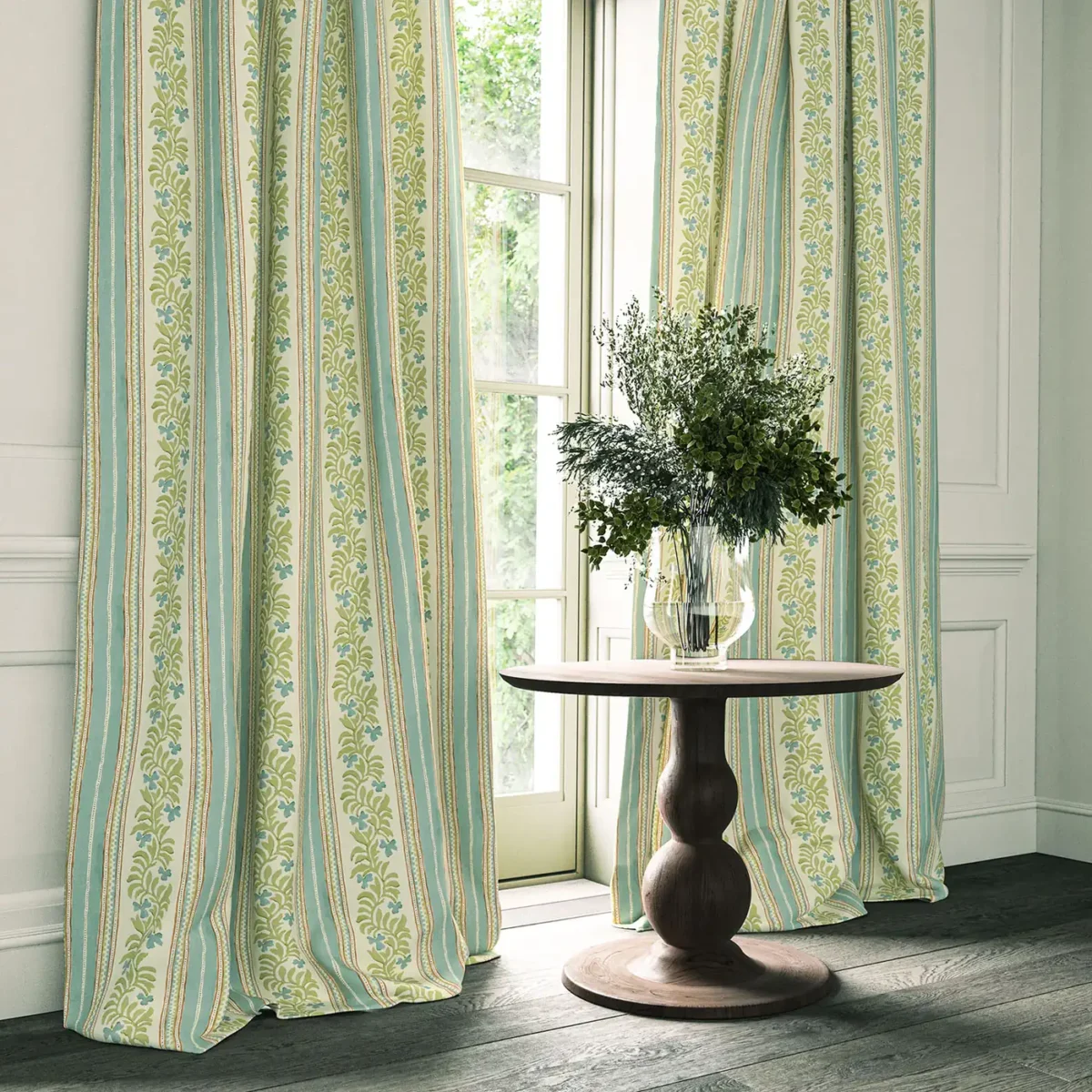 Yala Stripe Fabric - Spring by blue striped curtain with cabinets and vases