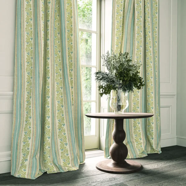 Yala Stripe Fabric - Spring by blue striped curtain with cabinets and vases