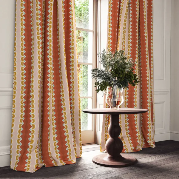 Taiki Fabric - Brick Red by red striped curtain with cabinets and vases