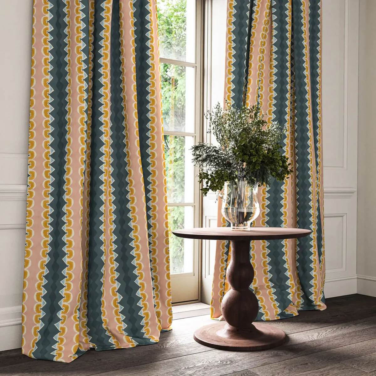 blue striped curtain with side table and vases