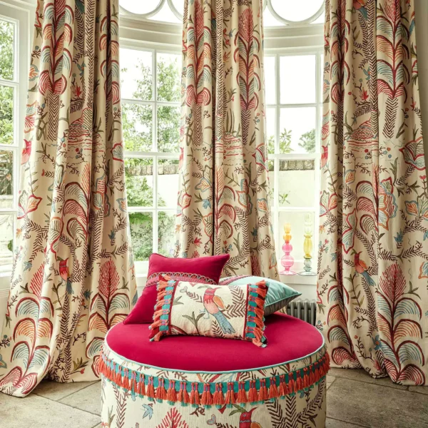 Songbird Fabric - Linen Crimson by red animal curtain with pouf and cushion