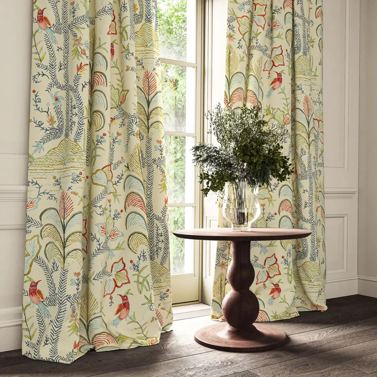 green animal curtain with pouf and cushion