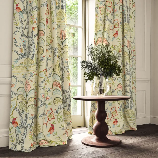 Songbird Fabric - Linen Guava by green animal curtain with pouf and cushion