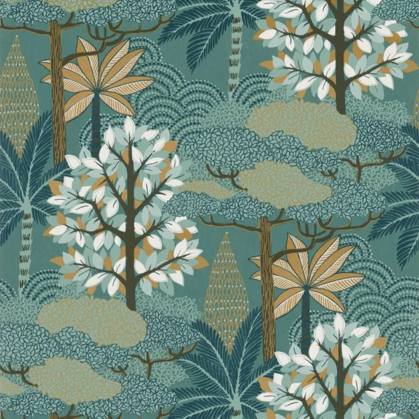 Marakanda Wallpaper - Emeraude / Dore by blue botanical wallpaper from casamance