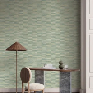 blue misc wallpaper and wall with side table and lamps
