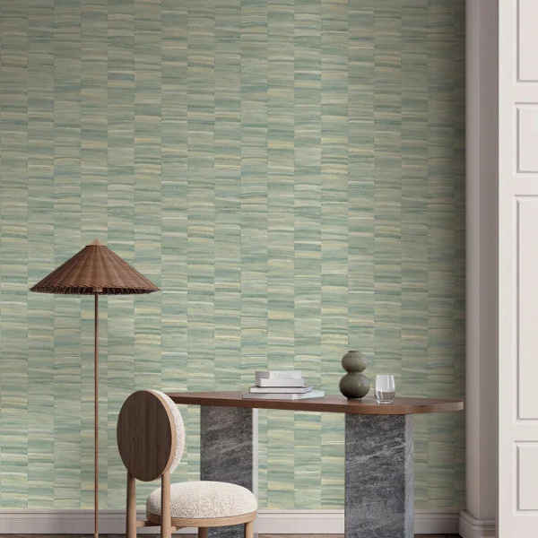 Stylosa Wallpaper - Vert Amande by blue misc wallpaper and wall with side table and lamps
