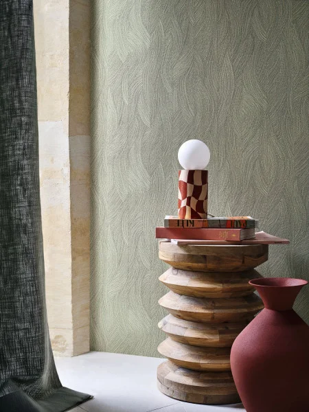 Jassine Wallpaper - Vert Amande by green misc wallpaper and wall with side table and vases