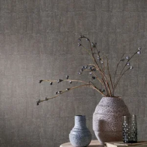 brown plain wallpaper and wall with side table and vases