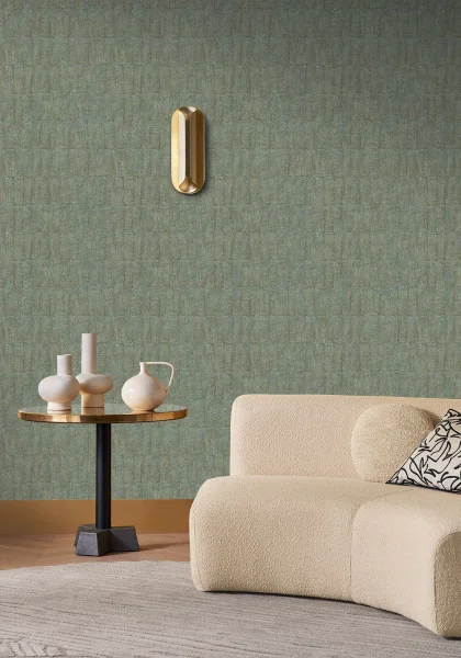 Bizen Wallpaper - Lichen by green plain wallpaper and wall with coffee table and bed