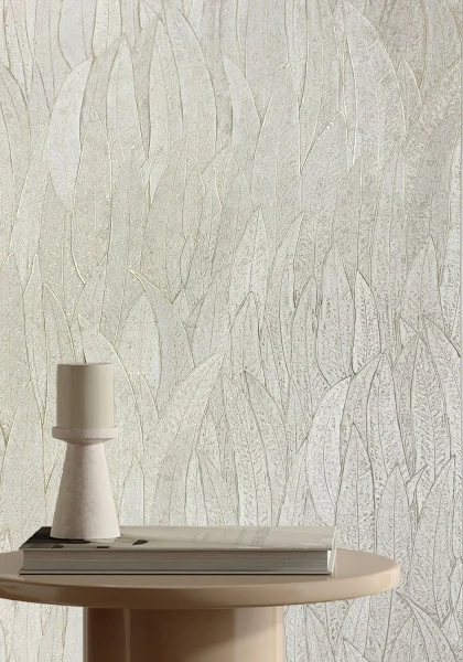 Cinerea Wallpaper - Ivoire / Doré by yellow botanical wallpaper and wall with coffee table and vases
